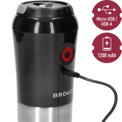 Mlynček na kávu BROWIN - elektrický, s mlecími kameňmi, s kávovarom a šálkou
